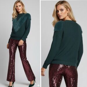 REVOLVE JOA Emerald Faux Fur Knit Sweater Pullover Crewneck Size M